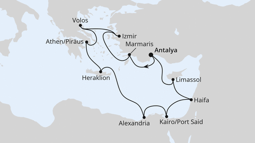 Routenverlauf für Israel, Zypern & Ägypten mit AIDAstella am 01.11.24 Routenverlauf für Israel, Zypern & Ägypten mit AIDAstella am 01.11.24