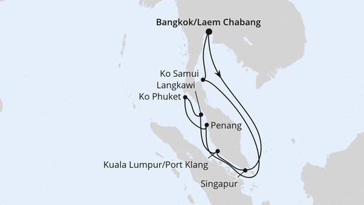 Routenverlauf für Thailand, Malaysia & Singapur mit AIDAstella am 17.02.25 Routenverlauf für Thailand, Malaysia & Singapur mit AIDAstella am 17.02.25