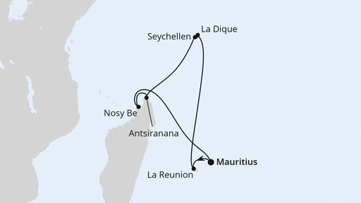 Routenverlauf für Mauritius, Seychellen & Madagaskar 1 mit AIDAstella am 10.12.25 Routenverlauf für Mauritius, Seychellen & Madagaskar 1 mit AIDAstella am 10.12.25