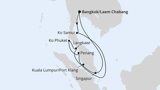 Routenverlauf für Thailand, Malaysia & Singapur mit AIDAstella am 21.12.26 Routenverlauf für Thailand, Malaysia & Singapur mit AIDAstella am 21.12.26