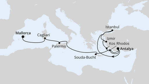 Routenverlauf für Mittelmeerinseln mit Istanbul ab Antalya mit AIDAstella am 31.10.27