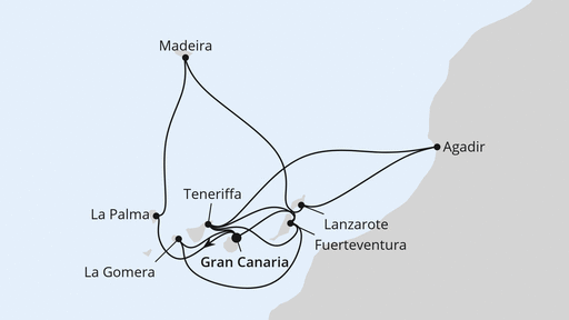 Routenverlauf für Große Kanaren-Reise mit Madeira & Marokko mit AIDAstella am 05.12.27