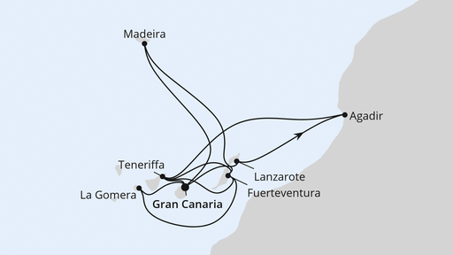 Routenverlauf für Große Kanaren-Reise mit Madeira & Marokko mit AIDAstella am 12.12.27