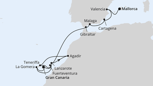 Routenverlauf für Kanaren & Südspanien mit Marokko ab Gran Canaria mit AIDAstella am 09.01.28
