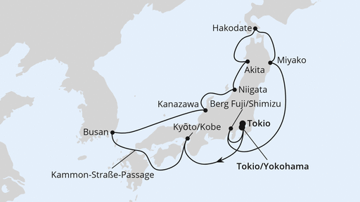 Routenverlauf für Große Japan-Rundreise ab Yokohama mit AIDAstella am 02.04.25