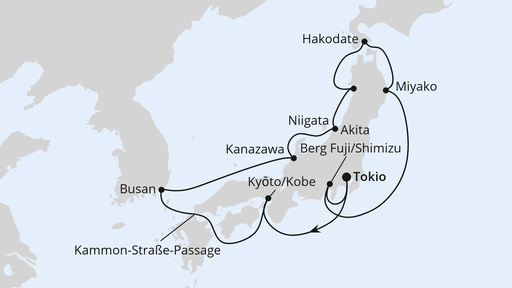 Routenverlauf für Große Japan-Rundreise ab Tokio mit AIDAstella am 03.04.25