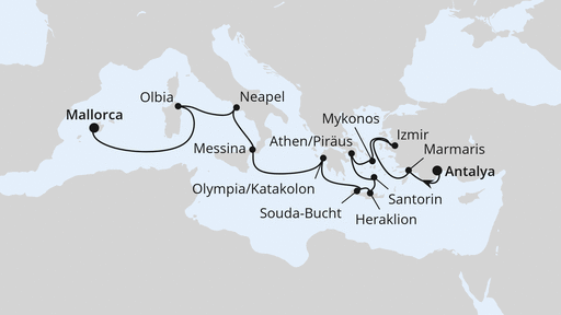 Routenverlauf für Große Mittelmeer-Reise von Antalya nach Mallorca mit AIDAstella am 22.04.26
