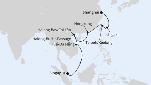Routenverlauf für Von Singapur über Vietnam & Hongkong nach Shanghai mit AIDAstella am 22.02.27
