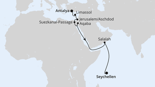 Routenverlauf für Von Antalya auf die Seychellen mit AIDAstella am 02.11.25 Routenverlauf für Von Antalya auf die Seychellen mit AIDAstella am 02.11.25
