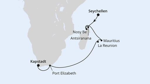 Routenverlauf für Inseln des Indischen Ozeans mit Südafrika 2 mit AIDAstella am 24.02.26