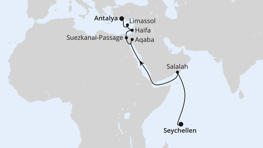 Routenverlauf für Von den Seychellen nach Antalya mit AIDAstella am 10.03.26