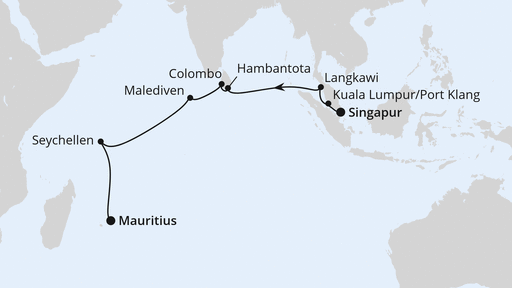 Routenverlauf für Von Singapur über Sri Lanka nach Mauritius mit AIDAstella am 27.04.27