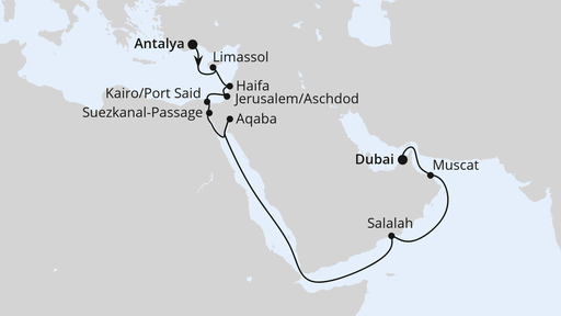 Routenverlauf für Von Antalya nach Dubai mit AIDAstella am 15.11.24