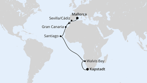 Routenverlauf für Von Mallorca über Namibia nach Kapstadt mit AIDAstella am 01.11.26 Routenverlauf für Von Mallorca über Namibia nach Kapstadt mit AIDAstella am 01.11.26