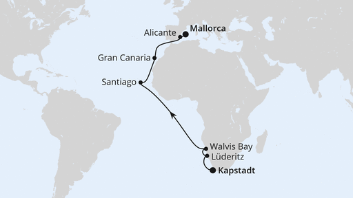 Routenverlauf für Von Kapstadt über Namibia nach Mallorca mit AIDAstella am 22.05.27