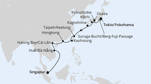 Routenverlauf für Japan, Taiwan, Vietnam & Hongkong 2 mit AIDAstella am 07.04.27 Routenverlauf für Japan, Taiwan, Vietnam & Hongkong 2 mit AIDAstella am 07.04.27