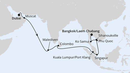 Routenverlauf für Von Dubai nach Bangkok mit AIDAstella am 02.12.24 Routenverlauf für Von Dubai nach Bangkok mit AIDAstella am 02.12.24