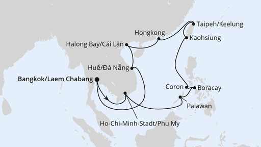 Routenverlauf für Vietnam, Philippinen, Taiwan & Hongkong mit AIDAstella am 06.01.25 Routenverlauf für Vietnam, Philippinen, Taiwan & Hongkong mit AIDAstella am 06.01.25