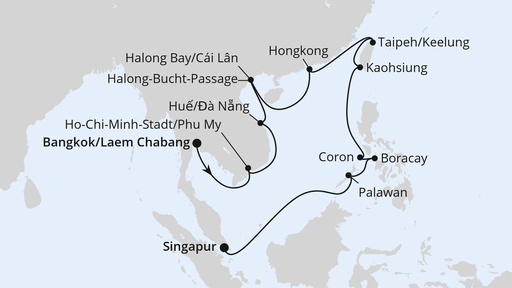 Routenverlauf für Vietnam, Philippinen, Taiwan & Hongkong mit AIDAstella am 04.01.27