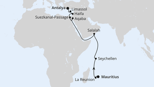 Routenverlauf für Von Mauritius nach Antalya 2 mit AIDAstella am 04.03.26 Routenverlauf für Von Mauritius nach Antalya 2 mit AIDAstella am 04.03.26