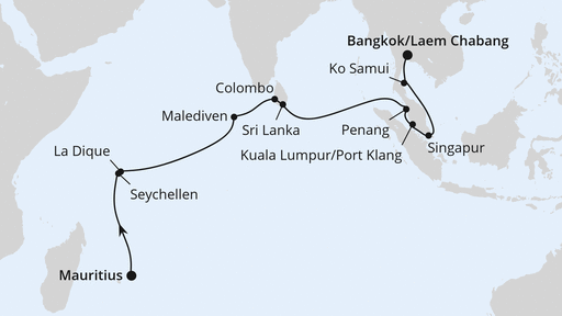 Routenverlauf für Von Mauritius über die Seychellen nach Bangkok mit AIDAstella am 29.11.26