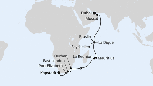 Routenverlauf für Südafrika, Mauritius & Seychellen 2 mit AIDAstella am 09.11.24 Routenverlauf für Südafrika, Mauritius & Seychellen 2 mit AIDAstella am 09.11.24