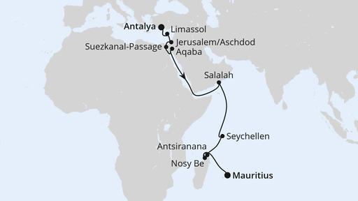Routenverlauf für Von Antalya nach Mauritius 1 mit AIDAstella am 02.11.25 Routenverlauf für Von Antalya nach Mauritius 1 mit AIDAstella am 02.11.25