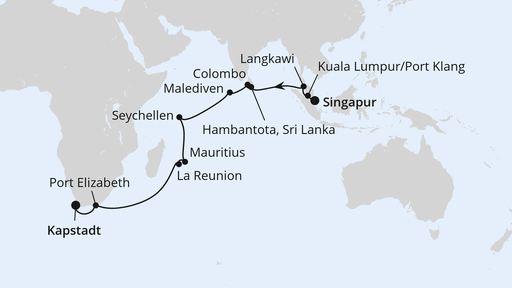 Routenverlauf für Von Singapur über Mauritius nach Kapstadt mit AIDAstella am 27.04.27