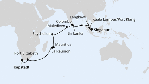 Routenverlauf für Von Singapur über Mauritius nach Kapstadt mit AIDAstella am 05.05.25