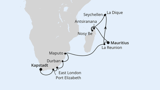 Routenverlauf für Südafrika, Seychellen, Mauritius & Madagaskar 1 mit AIDAstella am 23.12.25 Routenverlauf für Südafrika, Seychellen, Mauritius & Madagaskar 1 mit AIDAstella am 23.12.25