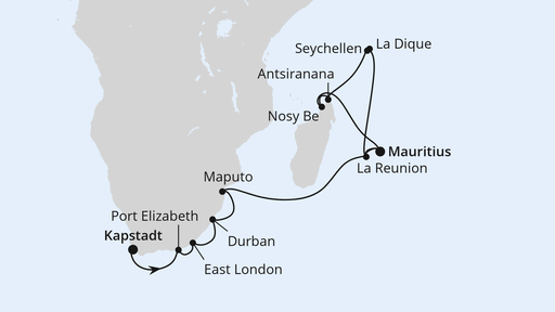 Routenverlauf für Südafrika, Seychellen, Mauritius & Madagaskar 2 mit AIDAstella am 03.02.26 Routenverlauf für Südafrika, Seychellen, Mauritius & Madagaskar 2 mit AIDAstella am 03.02.26