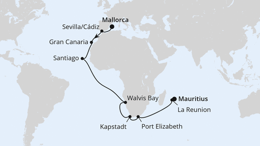 Routenverlauf für Von Mallorca über Südafrika nach Mauritius mit AIDAstella am 01.11.26