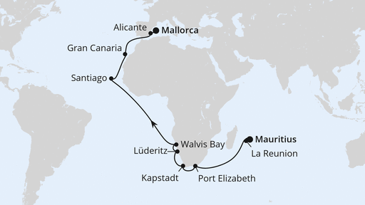 Routenverlauf für Von Mauritius über Afrika nach Mallorca mit AIDAstella am 13.05.27