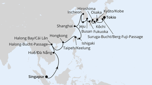 Routenverlauf für Von Singapur über Vietnam & Südkorea nach Tokio mit AIDAstella am 22.02.27