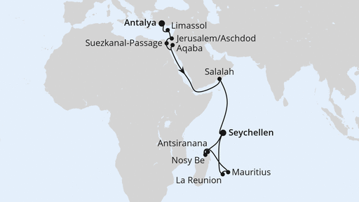 Routenverlauf für Weltenbummler von Antalya auf die Seychellen mit AIDAstella am 02.11.25