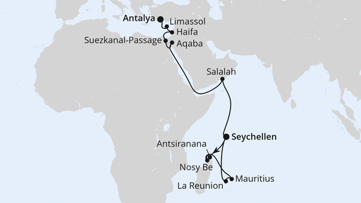 Routenverlauf für Weltenbummler von den Seychellen nach Antalya mit AIDAstella am 24.02.26 Routenverlauf für Weltenbummler von den Seychellen nach Antalya mit AIDAstella am 24.02.26