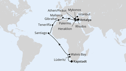 Routenverlauf für Von Kapstadt über Namibia nach Antalya mit AIDAstella am 12.03.26 Routenverlauf für Von Kapstadt über Namibia nach Antalya mit AIDAstella am 12.03.26