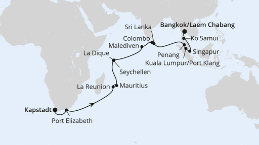 Routenverlauf für Von Kapstadt über Mauritius nach Bangkok mit AIDAstella am 20.11.26