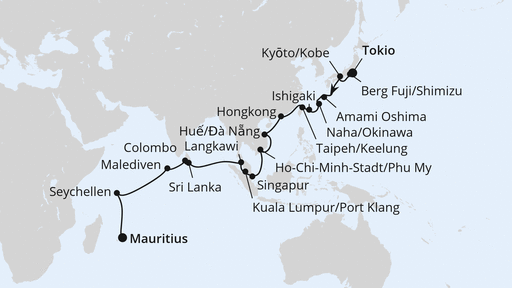 Routenverlauf für Weltenbummler von Tokio nach Mauritius mit AIDAstella am 17.04.25