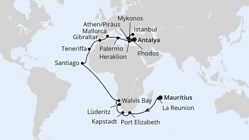 Routenverlauf für Weltenbummler von Mauritius nach Antalya mit AIDAstella am 04.03.26 Routenverlauf für Weltenbummler von Mauritius nach Antalya mit AIDAstella am 04.03.26