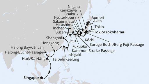 Routenverlauf für Weltenbummler Asien mit Japan zur Frühlingsblüte mit AIDAstella am 22.02.27 Routenverlauf für Weltenbummler Asien mit Japan zur Frühlingsblüte mit AIDAstella am 22.02.27