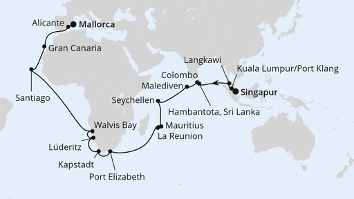 Routenverlauf für Weltenbummler von Singapur nach Mallorca mit AIDAstella am 27.04.27