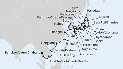 Routenverlauf für Weltenbummler von Bangkok nach Tokio mit AIDAstella am 03.03.25