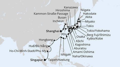Routenverlauf für Weltenbummler von Shanghai nach Singapur mit AIDAstella am 17.03.25 Routenverlauf für Weltenbummler von Shanghai nach Singapur mit AIDAstella am 17.03.25