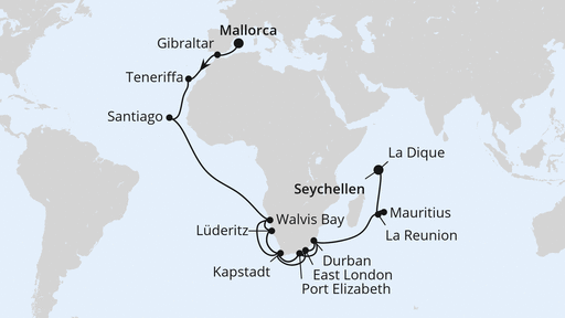 Routenverlauf für Weltenbummler von Mallorca auf die Seychellen mit AIDAstella am 23.10.25 Routenverlauf für Weltenbummler von Mallorca auf die Seychellen mit AIDAstella am 23.10.25