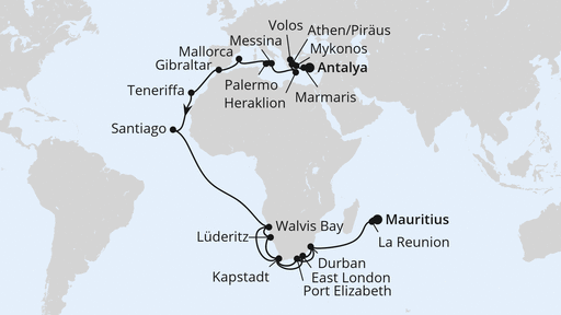 Routenverlauf für Weltenbummler von Antalya nach Mauritius mit AIDAstella am 13.10.25 Routenverlauf für Weltenbummler von Antalya nach Mauritius mit AIDAstella am 13.10.25