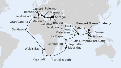 Routenverlauf für Weltenbummler Mittelmeer, Afrika & Indischer Ozean mit AIDAstella am 22.10.26 Routenverlauf für Weltenbummler Mittelmeer, Afrika & Indischer Ozean mit AIDAstella am 22.10.26