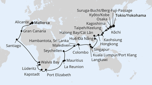 Routenverlauf für Weltenbummler von Asien über Afrika nach Mallorca mit AIDAstella am 07.04.27