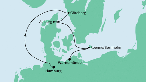 Routenverlauf für Skandinavien von Hamburg nach Warnemünde mit AIDAvita am 06.05.23 Routenverlauf für Skandinavien von Hamburg nach Warnemünde mit AIDAvita am 06.05.23