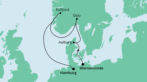 Routenverlauf für Dänemark & Norwegen mit AIDAvita am 25.09.21